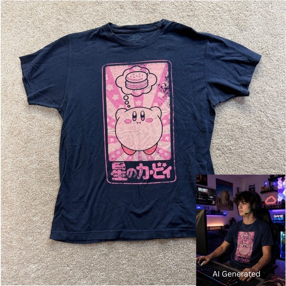 Nintendo Kirby‎ T Shirt Dreaming Food Hamburger Kanji Navi Medium Official Navy
